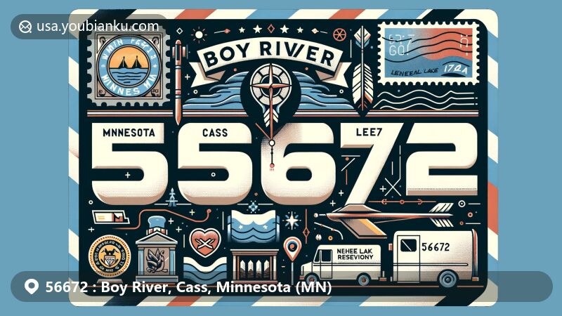 Creative illustration of Boy River, Cass, Minnesota, showcasing postal theme with ZIP code 56672, featuring Minnesota state flag with state seal and North Star.
