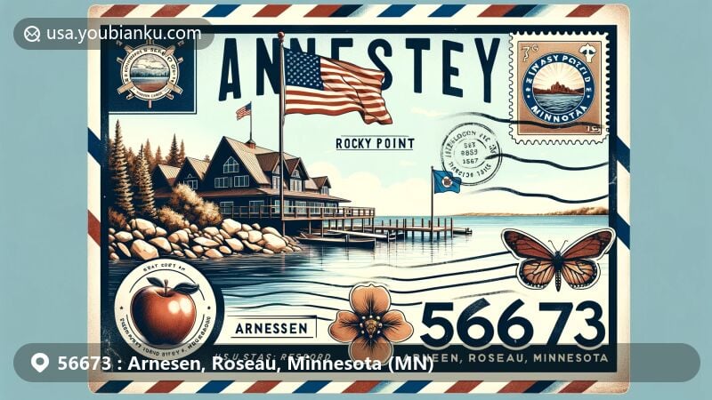 Modern illustration of Arnesen and Roseau, Minnesota, centered around ZIP Code 56673, showcasing iconic Rocky Point Resort, State Flag, and symbols like Honeycrisp apple and Monarch butterfly.