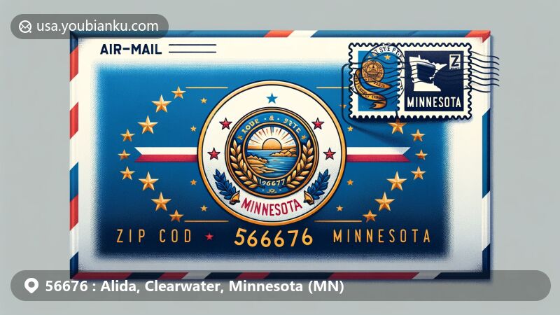 Modern illustration of an airmail envelope themed around ZIP code 56676, featuring Minnesota state flag with royal blue background, state emblem, 19 stars, and a gold floral wreath with significant date. Includes a stamp depicting Alida area's landscape, showcasing the history and culture of Minnesota.