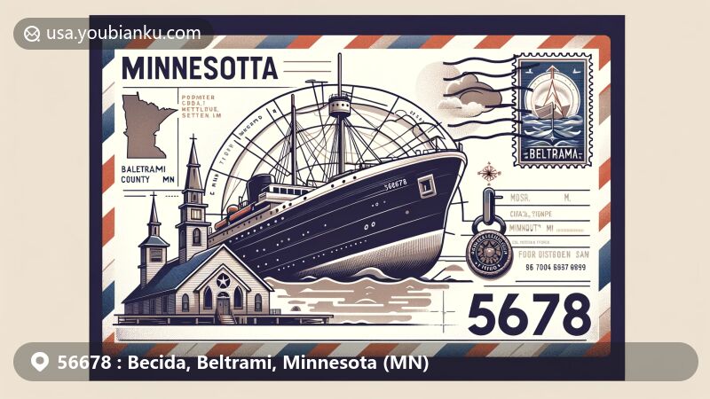 Creative illustration of Becida, Beltrami, Minnesota, showcasing airmail envelope with ZIP code 56678, featuring map of Beltrami County, Becida Community Church, stamp of William A. Irvin ship, and postmark from Becida, MN.