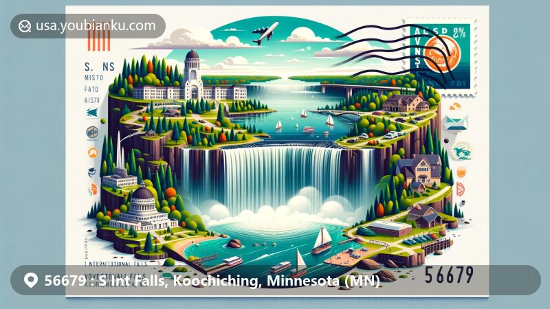 Modern illustration of S Int Falls, Koochiching, Minnesota, showcasing ZIP code 56679 with International Falls, Voyageurs National Park, Precambrian greenstone, and Rainy Lake.