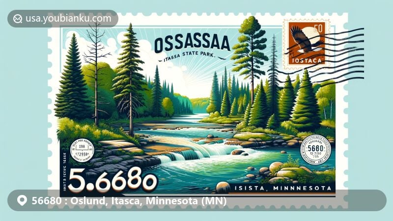 Modern digital illustration of Oslund, Itasca County, Minnesota, capturing ZIP code 56680, featuring Itasca State Park with ancient pine trees and the headwaters of the Mississippi River.