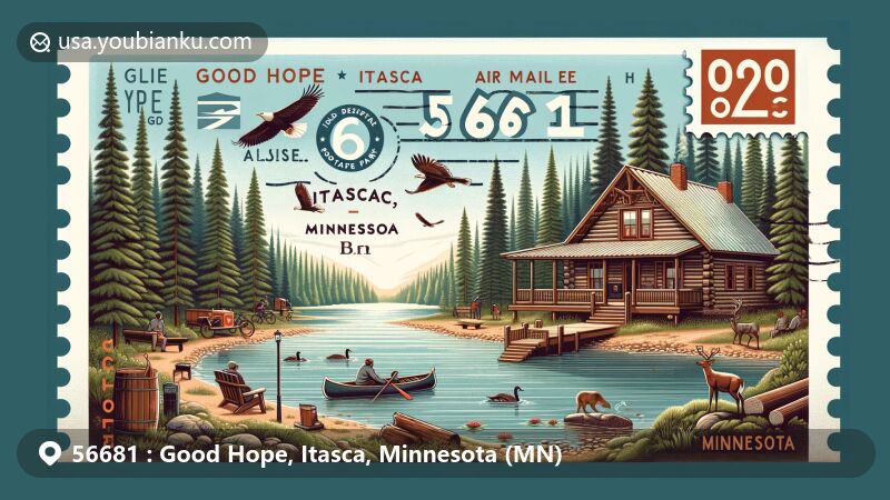 Modern illustration of Good Hope, Itasca, Minnesota, featuring Douglas Lodge, headwaters of the Mississippi River, old-growth pine forests, iconic wildlife, Lake Itasca, and postal elements.