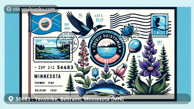 Modern illustration of Tenstrike, Beltrami, Minnesota, showcasing postal theme with ZIP code 56683, featuring state symbols like the flag, flower, bird, fish, and tree of Minnesota.