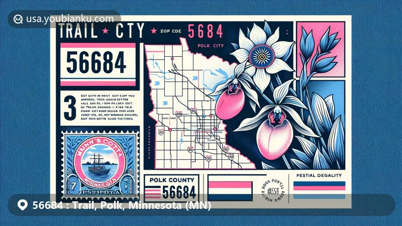 Modern illustration of Trail city, Polk County, Minnesota, showcasing postal theme with ZIP code 56684, featuring Lady's Slipper flowers and Minnesota state seal.