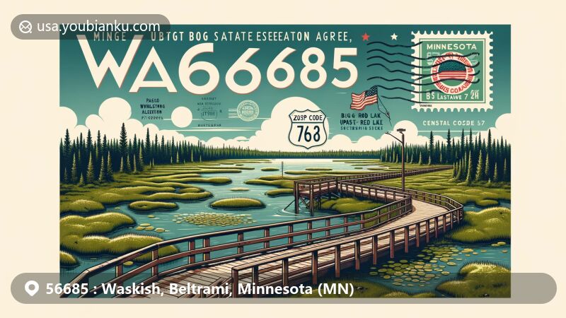 Modern illustration of Waskish, Minnesota, showcasing postal theme with ZIP code 56685, featuring Big Bog State Recreation Area, Upper Red Lake, and Minnesota State Highway 72.
