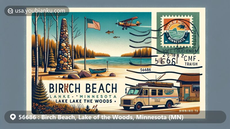 Modern illustration of Birch Beach, Lake of the Woods, Minnesota with ZIP code 56686, featuring Lake of the Woods, Cairn of Peace, vintage postage stamp, Minnesota state flag, and postal elements.
