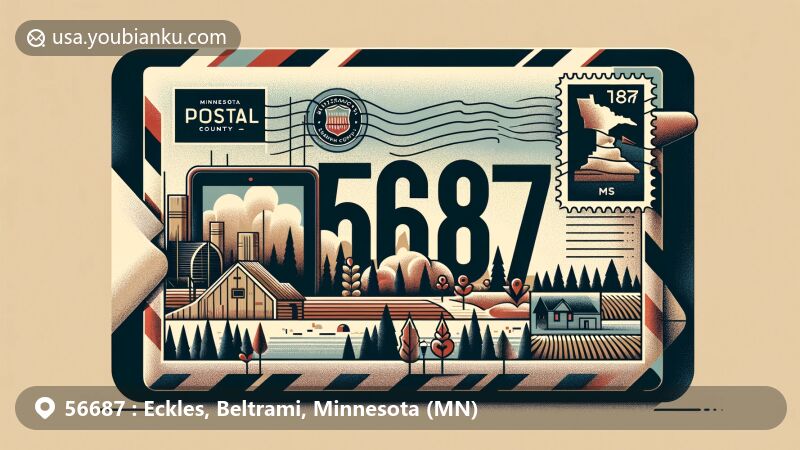 Modern illustration of Eckles Township, Beltrami County, Minnesota, with postal theme and ZIP code 56687, showcasing rural landscape, local history, and iconic postal symbols.