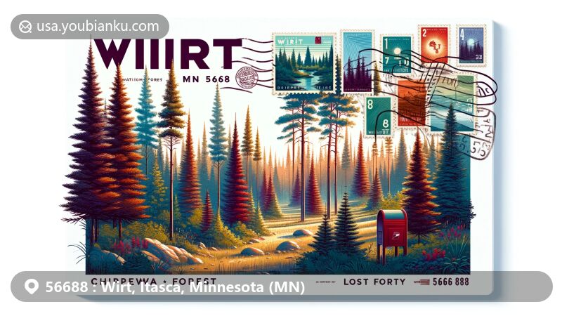 Vibrant illustration of Chippewa National Forest with 'Lost Forty' virgin red and white pine trees, featuring postcard of Wirt, MN 56688 adorned with postal elements.