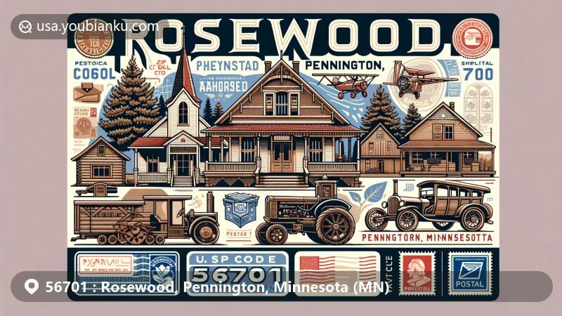 Modern illustration of Rosewood, Pennington, Minnesota, showcasing postal theme with ZIP code 56701, featuring Peder Engelstad Pioneer Village, local historic buildings, tractors, snowmobiles, postal elements, and artistic design.