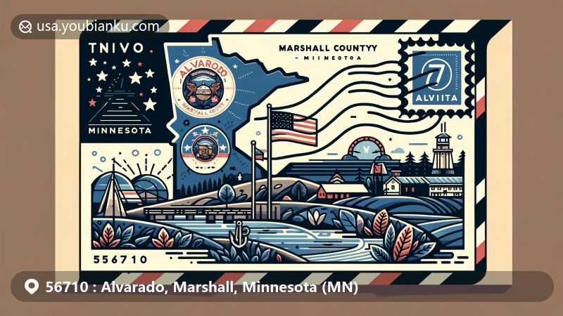 Modern illustration of Alvarado, Marshall County, Minnesota, blending regional features with postal elements, including state flag, county map, and symbolic landmarks. Features stamp, postmark, and ZIP Code 56710.