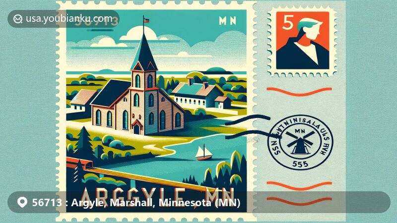 Vibrant illustration representing ZIP code 56713 in Argyle, Minnesota, featuring Old Mill State Park and Saint Stanislaus Church, intertwined with postal elements like stamps and postmarks.