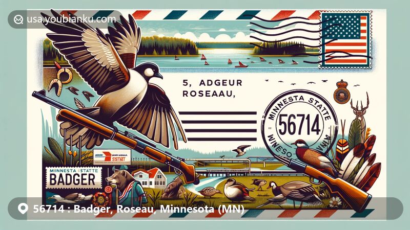 Modern illustration of Badger, Roseau County, Minnesota, showcasing postal theme with ZIP code 56714, featuring Minnesota State Highway 11 scenery, local wildlife, and Ojibwe cultural elements.