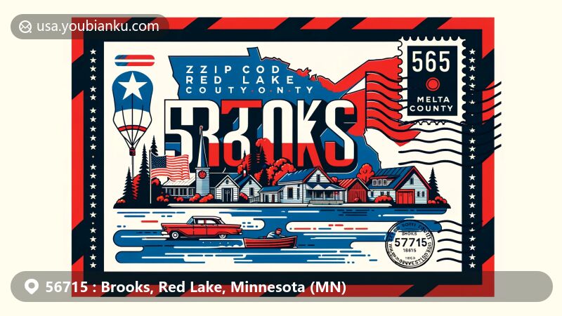 Modern illustration of Brooks, Red Lake County, Minnesota, resembling an airmail envelope design with map outline, cityscape, and Minnesota flag, showcasing postal theme with ZIP code 56715 and postal elements for a vibrant and eye-catching website graphic.