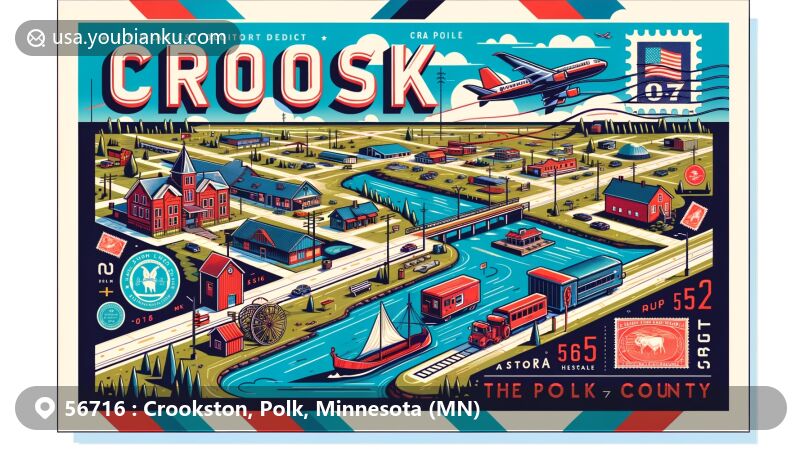 Modern illustration of Crookston, Polk County, Minnesota, showcasing postal theme with ZIP code 56716, featuring Red Lake River, world's largest Ox Cart, and Crookston Commercial Historic District.