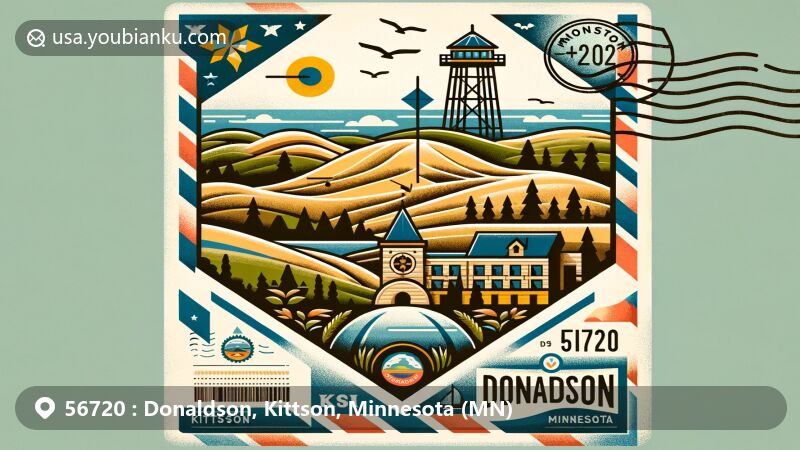 Modern illustration of Donaldson city and Kittson County, Minnesota, blending iconic landmarks, sandy terrain, Lake Bronson State Park features, state flag, and postal elements with ZIP code 56720.