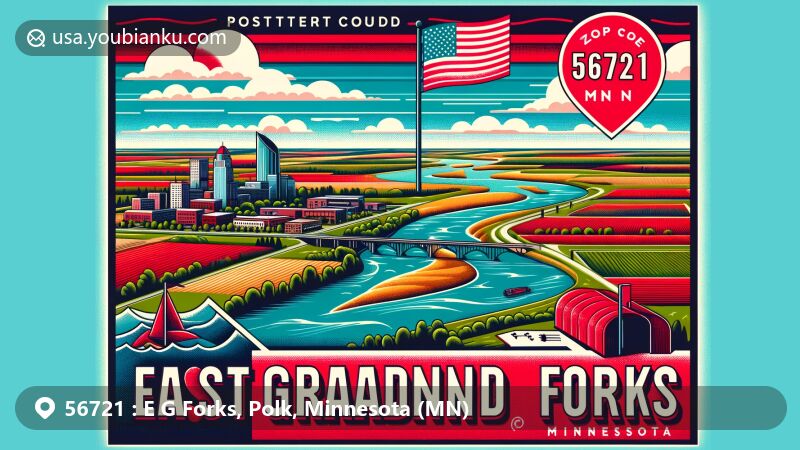 Vivid illustration of East Grand Forks, Minnesota, representing ZIP code 56721, featuring Red River confluence and Midwestern landscapes, state flag, and local landmark.