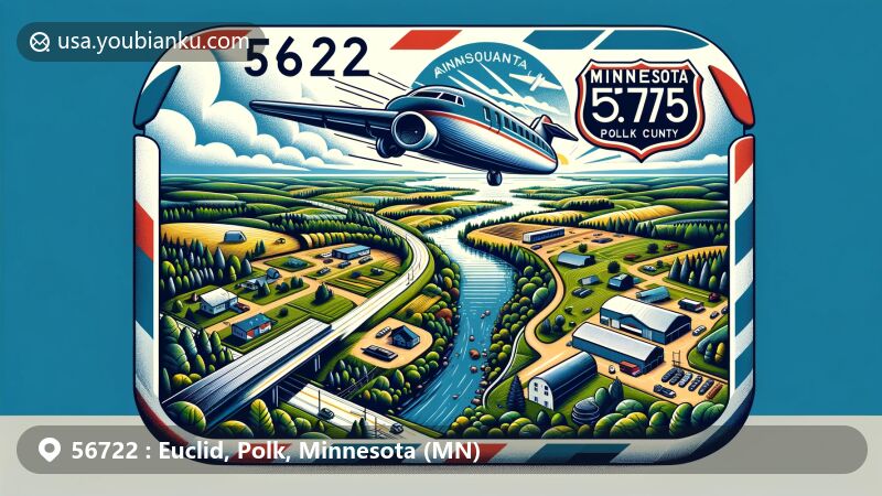 Modern illustration of Euclid, Polk County, Minnesota, showcasing postal theme with ZIP code 56722, featuring detailed map of Polk County, U.S. Route 75, and rural landscape.
