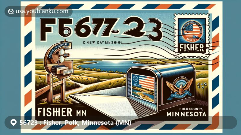 Vintage-style airmail envelope with ZIP code 56723, featuring Fisher, Polk County, Minnesota, showcasing Minnesota state flag postage stamp and Fisher's Landing Historical Marker.