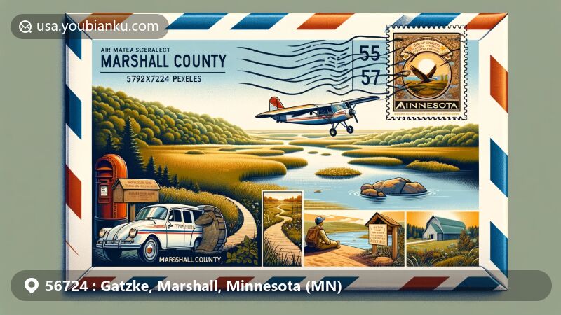 Vibrant illustration of Marshall County, Minnesota, showcasing airmail envelope with ZIP code 56724 and scenic highlights of Agassiz National Wildlife Refuge, 9/11 Memorial Park, and Camden State Park.