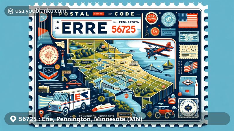 Modern illustration of Erie, Pennington County, Minnesota, focusing on postal theme with ZIP code 56725, highlighting unique postage elements like stamps, postmarks, mailbox, and mail truck, featuring landmarks Swanson Airport and High Landing Bridge.
