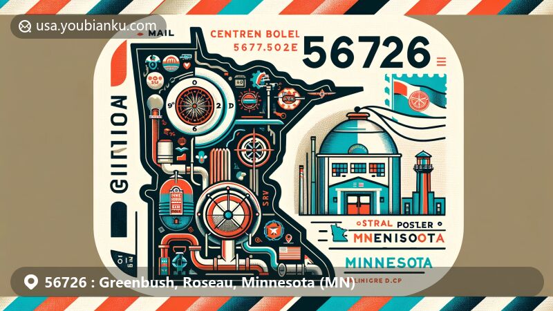 Modern illustration of Greenbush, Minnesota, showcasing postal theme with ZIP code 56726, featuring city map outline, Central Boiler company, and Minnesota state symbols.