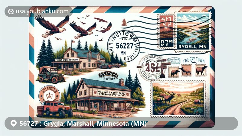 Creative illustration of Grygla, Minnesota, resembling an airmail envelope with a postal theme, showcasing Fourtown Store and Tavern against lush landscapes of Old Mill State Park or Rydell National Wildlife Refuge, including elk as local wildlife.
