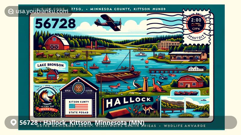 Modern illustration of Hallock, Kittson County, Minnesota, featuring postal theme with ZIP code 56728, highlighting key landmarks such as game and grain-producing region, wildlife management areas, Lake Bronson State Park, and a quirky museum.