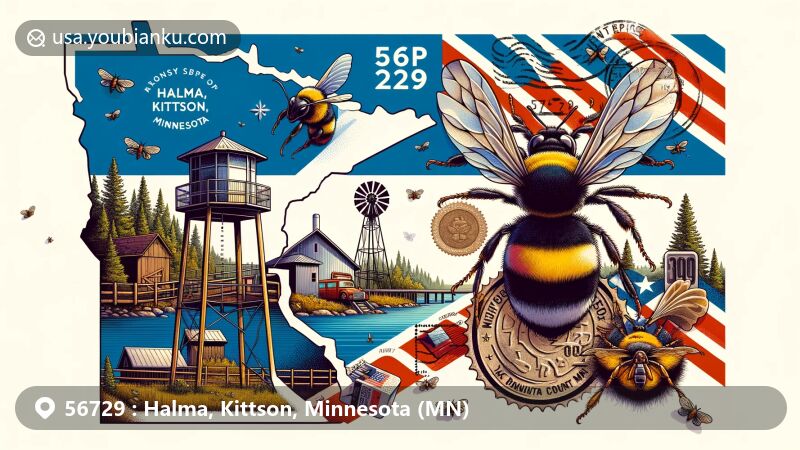 Modern illustration of Halma, Kittson County, Minnesota, showcasing postal theme with ZIP code 56729, featuring Kittson County outline, Lake Bronson State Park tower, and Minnesota state bee.