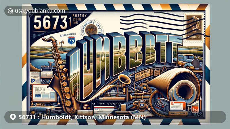 Modern illustration of Humboldt, Kittson County, Minnesota, resembling an airmail envelope with ZIP code 56731, featuring U.S. Route 75 and post office symbol since 1896, alongside Minnesota state flag and saxophone tribute to Maury Finney.