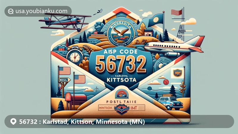 Artistic rendition of Karlstad, Kittson County, Minnesota, resembling an air mail envelope, featuring Minnesota state flag, rural landscapes of Kittson County, and postal elements like postage stamp, postmark, ZIP code 56732, mailbox, and mail truck.