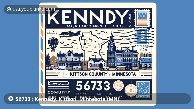 Modern illustration of Kennedy, Kittson County, Minnesota, featuring ZIP code 56733 with regional and postal elements, including symbolic scene of Kennedy, Kittson County's map, and Minnesota state symbols.