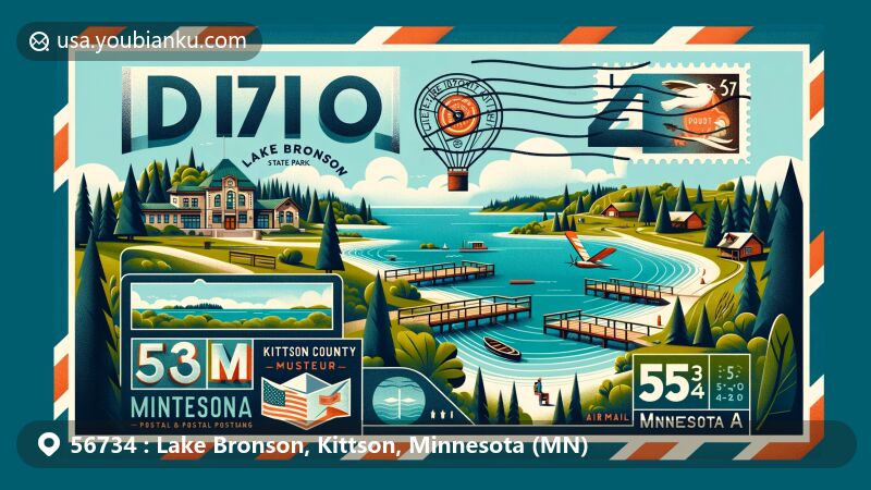 Modern illustration of Lake Bronson, Kittson County, Minnesota, embodying postal theme with ZIP code 56734, highlighting Lake Bronson State Park's natural beauty, including a lake and greenery, along with Kittson County Museum.