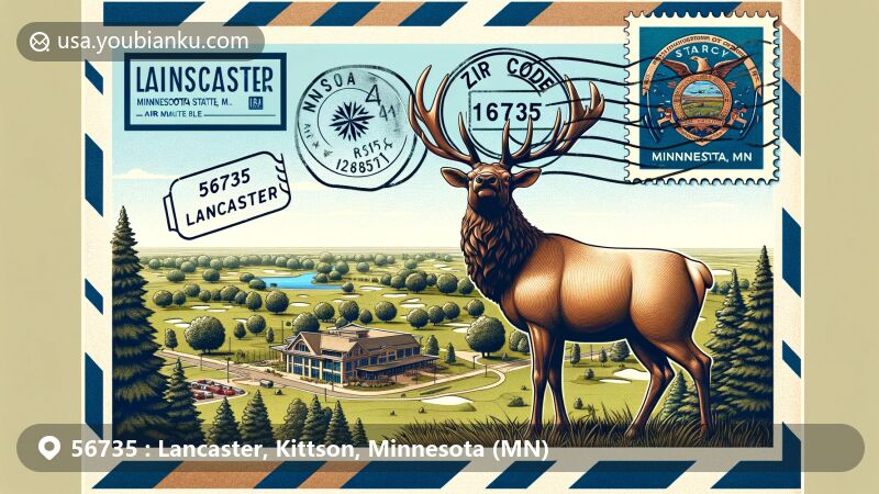 Modern illustration of Lancaster, MN, featuring a detailed airmail envelope with elk sculpture stamp, golf course, campground, and Minnesota State emblem.