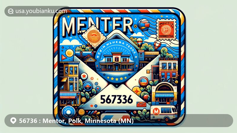 Modern illustration of Mentor, MN, showcasing postal theme with ZIP code 56736, featuring typical town buildings, community event, and local museum element.