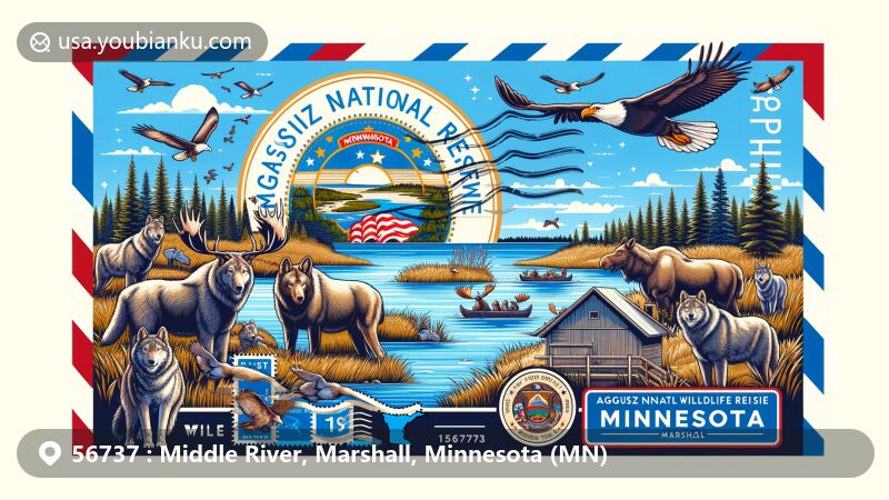 Modern illustration of Middle River, Marshall County, Minnesota, representing ZIP code 56737, featuring Agassiz National Wildlife Refuge wildlife with wolves, moose, and various birds, and the Minnesota state flag with state seal and 19 stars.