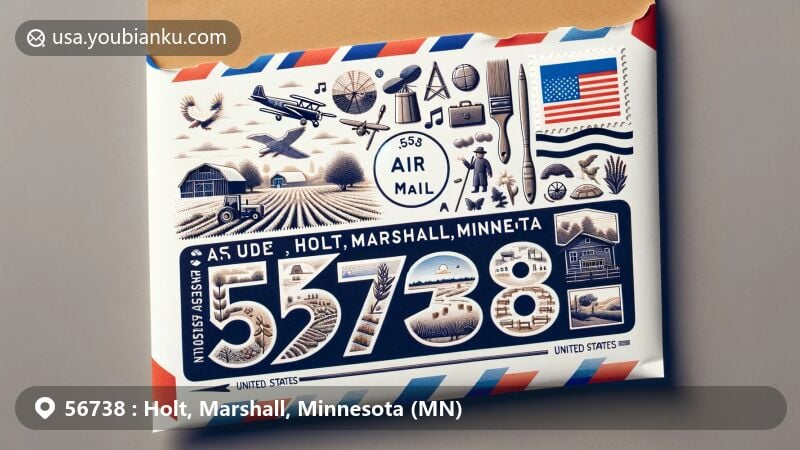 Modern illustration of Holt, Marshall, Minnesota, showcasing postal theme with ZIP code 56738, featuring small farm landscapes, musical notes, and American flag.