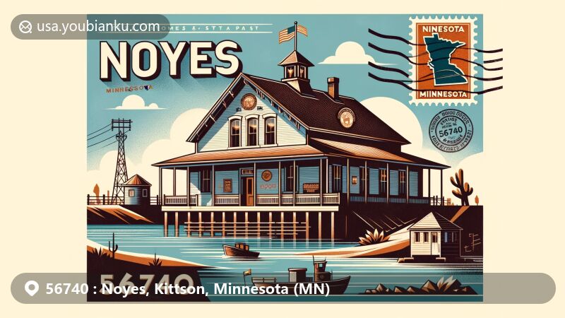 Modern illustration of Noyes, Minnesota, featuring vintage postcard design with historic Noyes Customs and Immigration Station, emphasizing its border crossing significance, and Minnesota outline near Canada.