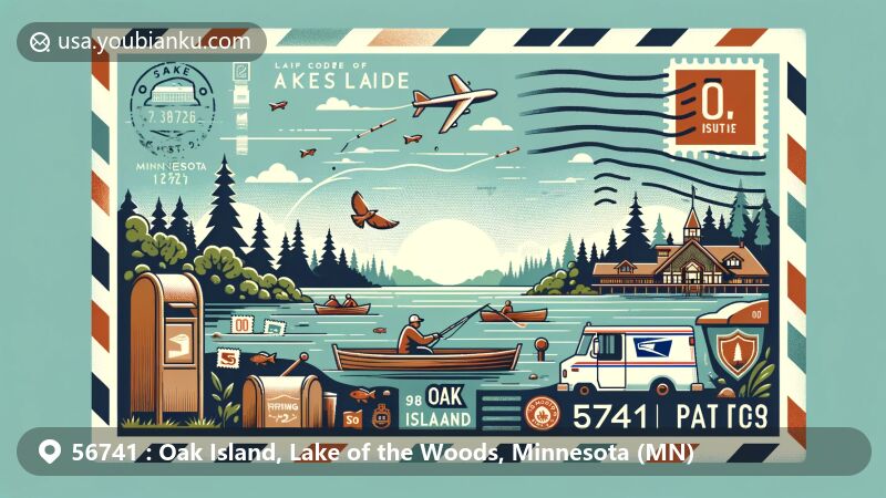 Modern illustration of Oak Island, Lake of the Woods, Minnesota, showcasing postal theme with ZIP code 56741, featuring picturesque lake scenery, fishing activities, and Sunset Lodge.