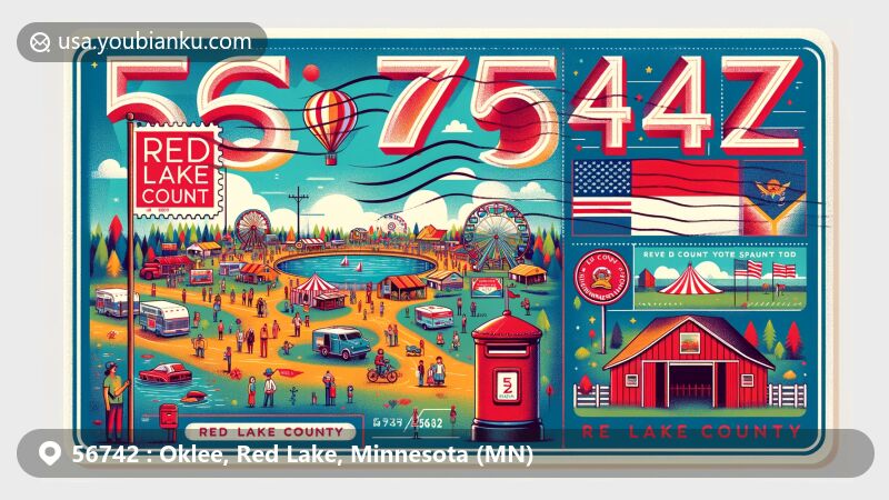Modern illustration of Oklee, Minnesota, with a vibrant street fair representing Red Lake County Fair and postal theme with ZIP code 56742, featuring Minnesota state flag and vintage postage elements.