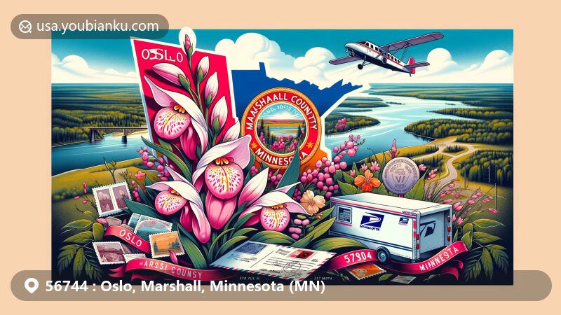 Modern illustration of Oslo, Marshall County, Minnesota, showcasing postal theme with ZIP code 56744, featuring Minnesota state flag and Red River of the North.