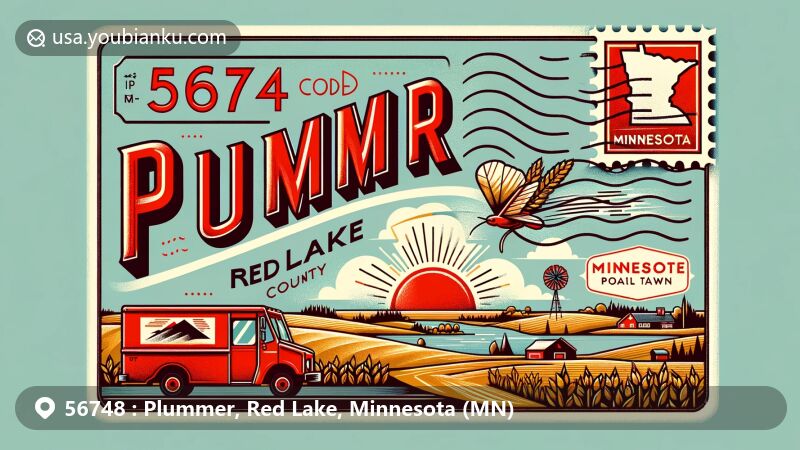 Modern illustration of Plummer, Red Lake, Minnesota, focusing on postal theme with ZIP code 56748, showcasing rural landscapes and Minnesota state symbols.