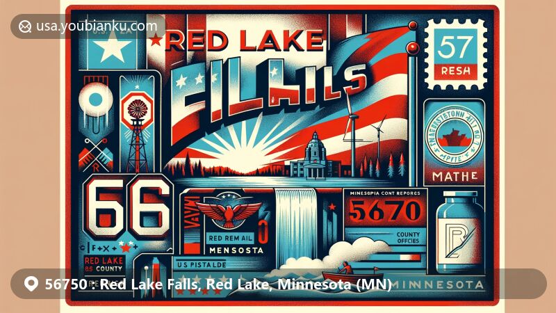 Modern illustration of Red Lake Falls, Red Lake County, Minnesota, featuring postal theme with ZIP code 56750, showcasing Minnesota Highway, cold climate, county offices, and state symbols like the new state flag design by Andrew Prekker.
