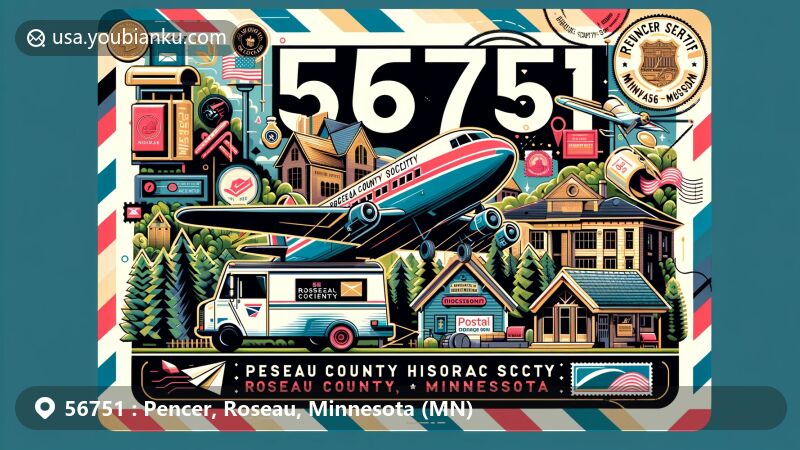 Modern illustration of Pencer, Roseau County, Minnesota, resembling an airmail envelope, featuring Roseau County Historical Society and Museum, dense forests, and postal service elements.