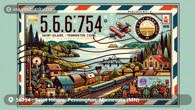 Modern illustration of Saint Hilaire, Pennington County, Minnesota, focusing on postal theme with ZIP code 56754 and town name, showcasing Red Lake River, forests, hills, and historical railway connection.