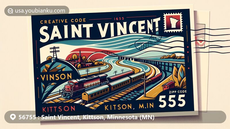 Modern illustration of Saint Vincent, Kittson, Minnesota, showcasing postal theme with ZIP code 56755, featuring the Red River of the North and Soo Line Railroad.