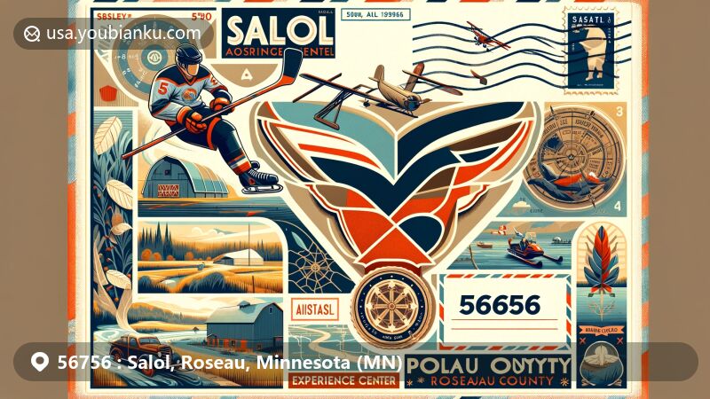 Vivid representation of Salol, Roseau County, Minnesota, capturing postal theme of ZIP code 56756. Features include a postcard with hockey player symbol, Polaris snowmobile, Roseau County map, and Native American heritage art. Background with natural colors reflects the area's wilderness and agricultural landscape.