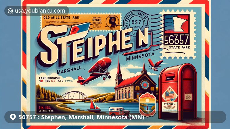 Modern illustration of Stephen, Marshall County, Minnesota, highlighting postal theme with ZIP code 56757, featuring vintage airmail envelope and state symbols.