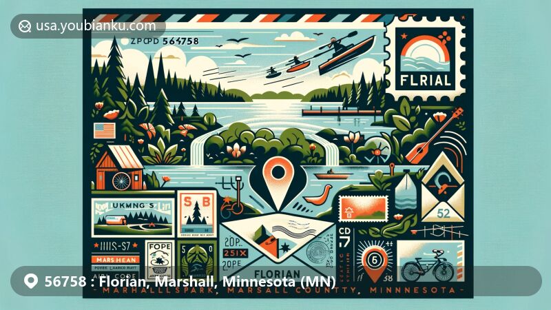 Modern illustration of Florian, Marshall County, Minnesota, featuring ZIP code 56758, showcasing natural beauty, outdoor recreation, and cultural icons like Marshall Art Experience and Sounds of Summer events.