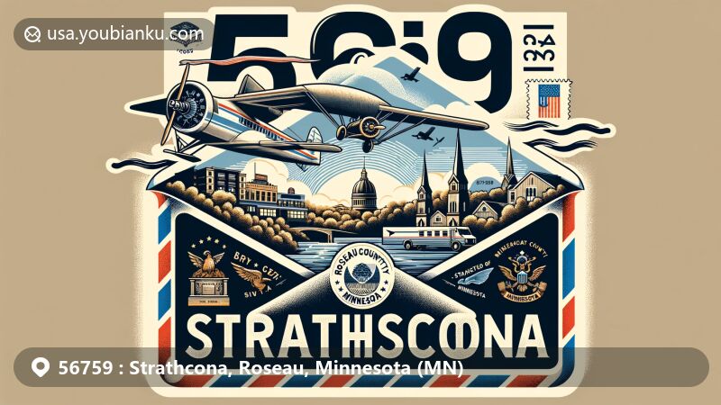 Modern illustration of Strathcona, Roseau County, Minnesota, featuring vintage airmail envelope with ZIP code 56759, showcasing key landmarks and symbols of the city, incorporating postal elements like stamps, postmark, and mail truck.